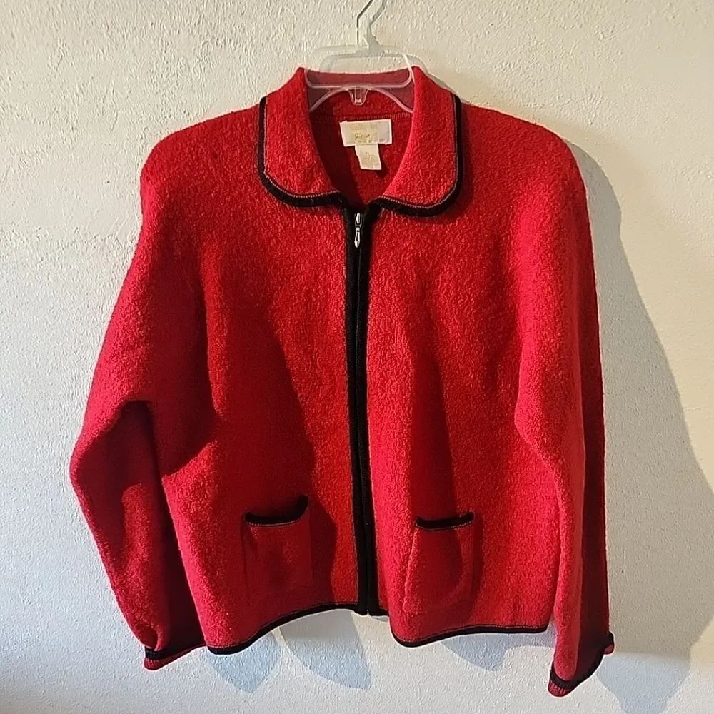 Vintage Tally Ho Womens 100% Wool Cardigan Sweater Size XL Red Black Zip